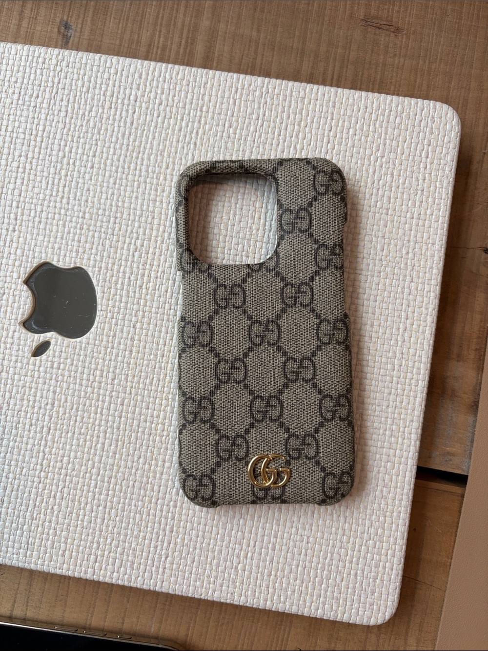 Gucci Beige Monogram Phone Case with Gold Double G Accent